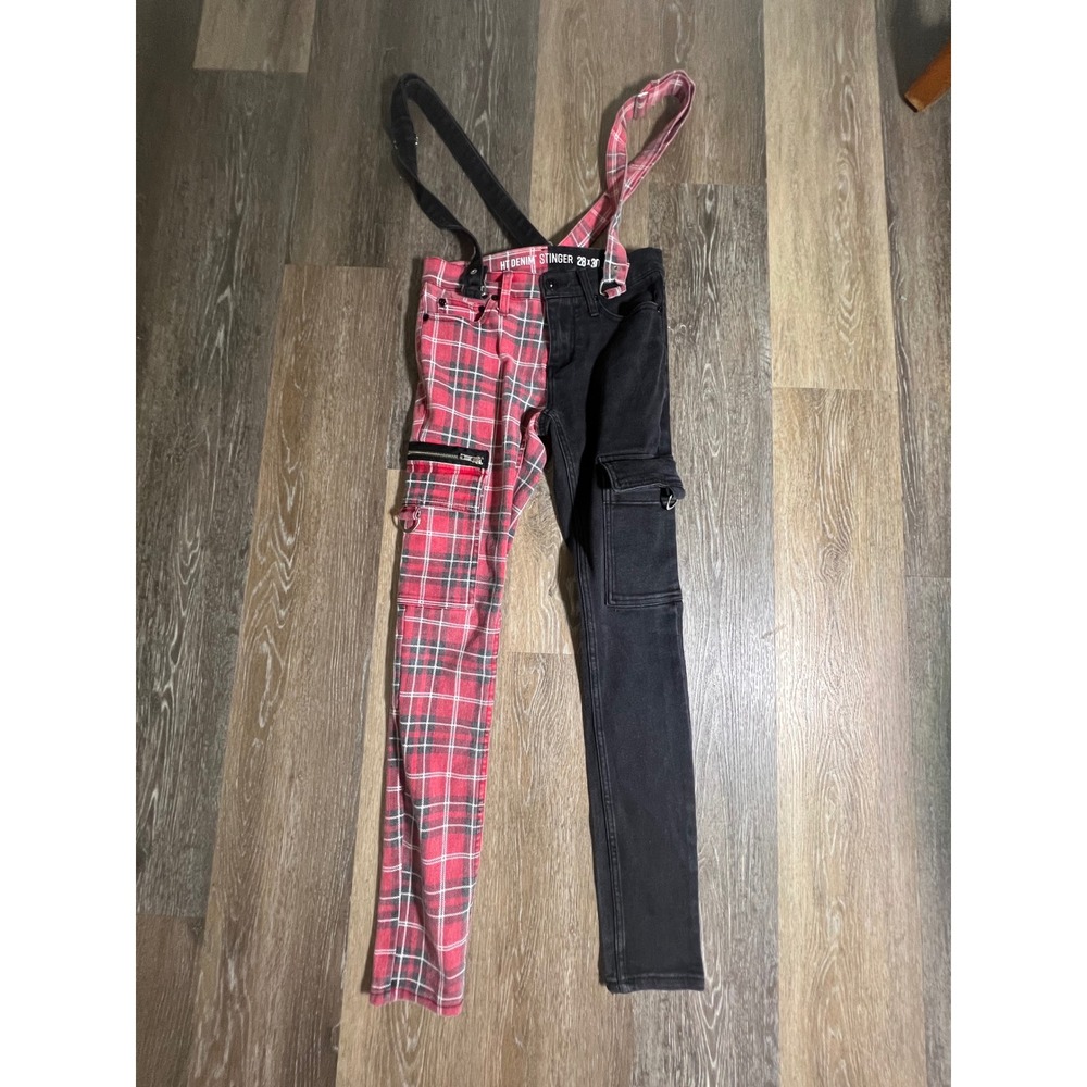 Hot Topic Denim Stinger Pants Mens 28x30 Black Red Plaid Split Leg Punk